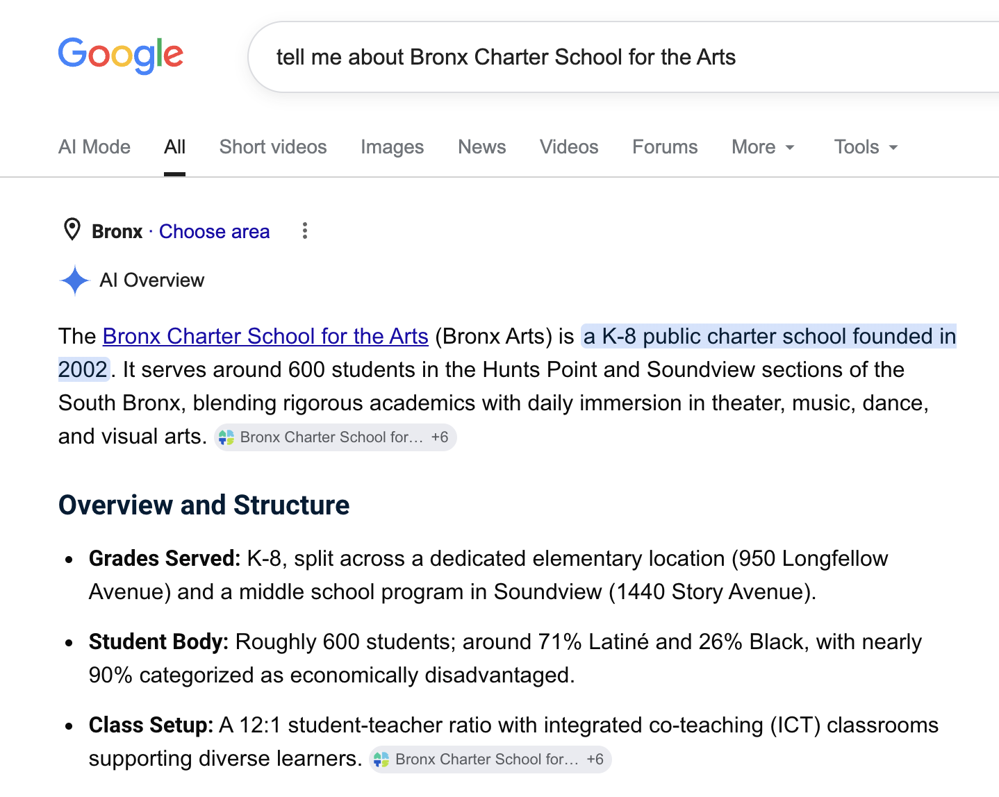 Google search results for Bronx Charter School for the Arts displaying an AI-generated answer pulled directly from the school's website—demonstrating how a strong website becomes the first impression families see.